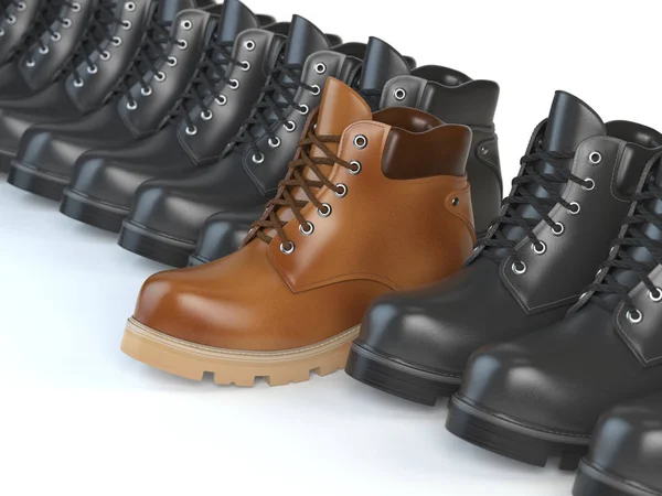 One unique brown boot in the row of black boots. Marketing conce — Stock Photo, Image