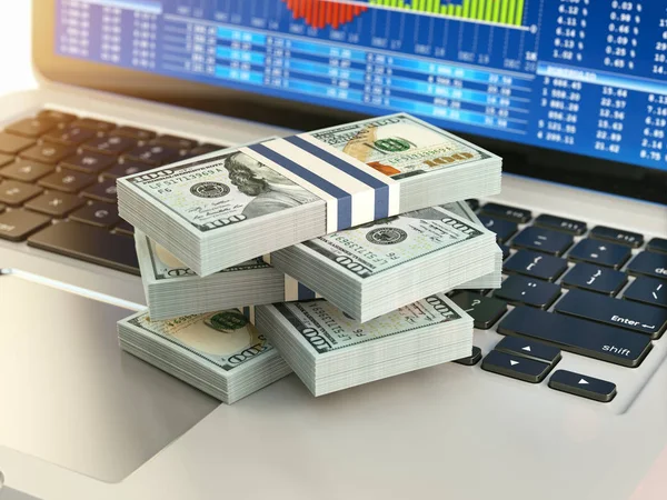 Stock market online businessconcept. Pack van dollar op laptop k — Stockfoto