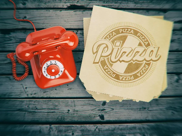 Pizza beställning och leverans av konceptet. Vintage telefon och pizza — Stockfoto