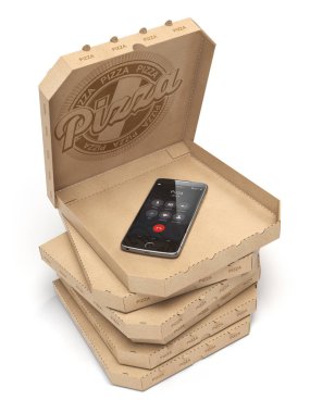 Mobil pizza sipariş ve teslimat kavramı. Smartphone ve pizza