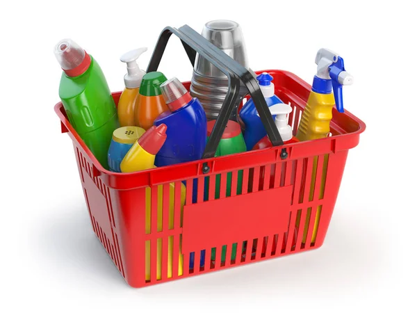 Wasmiddel flessen en reinigingsmiddelen in shopping mand isol — Stockfoto