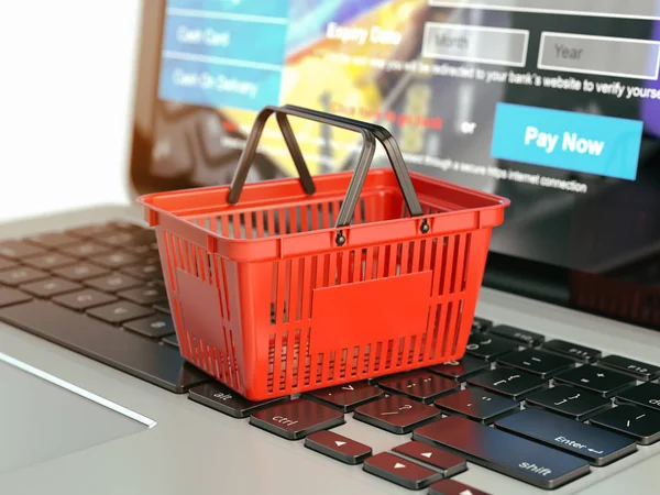 Online αγορές e-commerce έννοια. Καλάθι αγορών στο laptop ke — Φωτογραφία Αρχείου