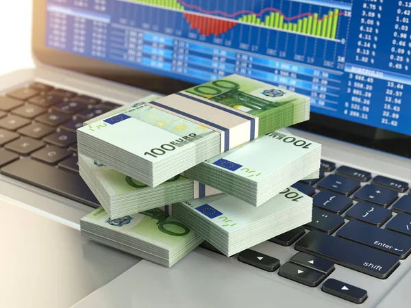 Börse Online-Business-Konzept. Packung Euro auf Laptop-Schlüssel — Stockfoto