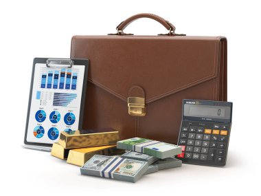 Borsa portföyünü kavramı. Evrak çantası ile hesap makinesi, altın 