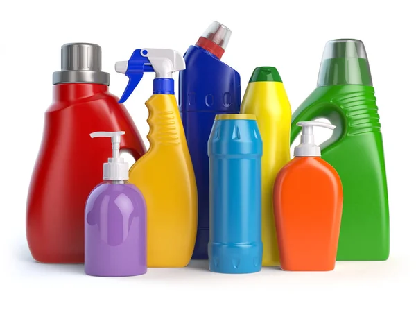 Detergent bottles or containers. Cleaning supplies isolated on w — Stock Photo, Image