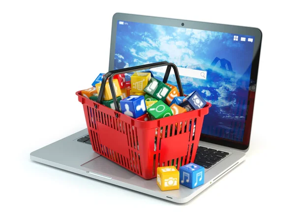 Laptop computer software programmasymbolen in het winkelen baske — Stockfoto