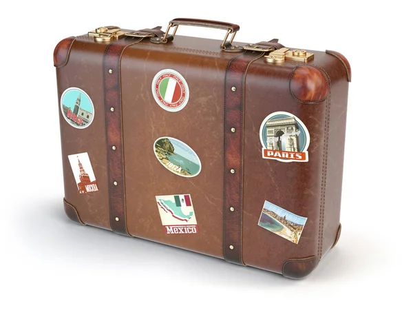 Equipaje de maleta retro con pegatinas de viaje aisladas en ba blanca —  Fotos de Stock