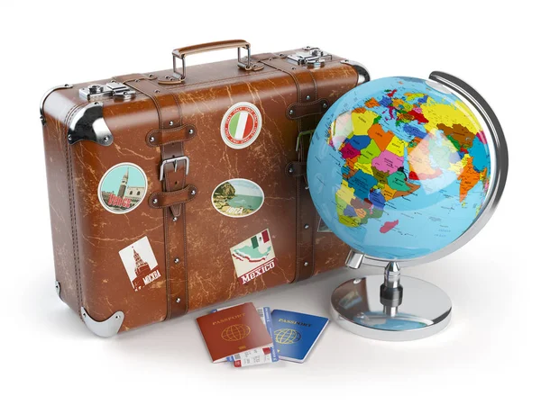 Travel or tourism concept. Old suitcase with stickers, globe and — Stock Photo, Image