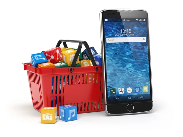 Ícones de software de aplicação de telefone móvel na cesta de compras — Fotografia de Stock
