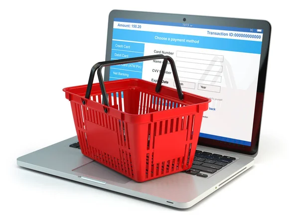 Online nakupování pojem e-commerce. Nákupní košík na notebook ke — Stock fotografie