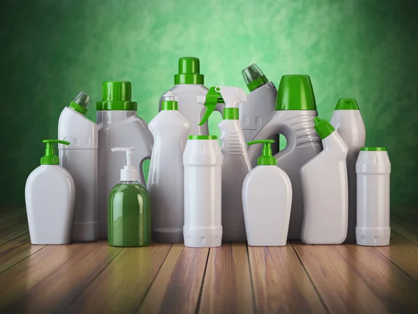 Bottiglie o contenitori di detergente verde naturale. Forniture per la pulizia — Foto Stock
