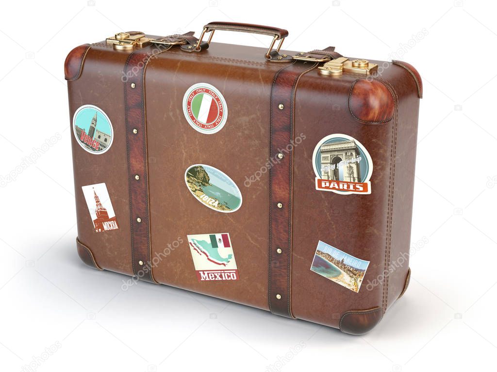 Retro suitcase baggage with travel stickers isolated on white ba