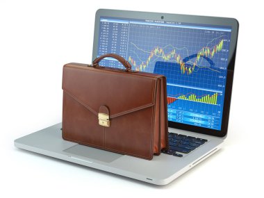 Borsa online iş kavramı. Evrak Çantası'nı dizüstü keyboa üzerinde
