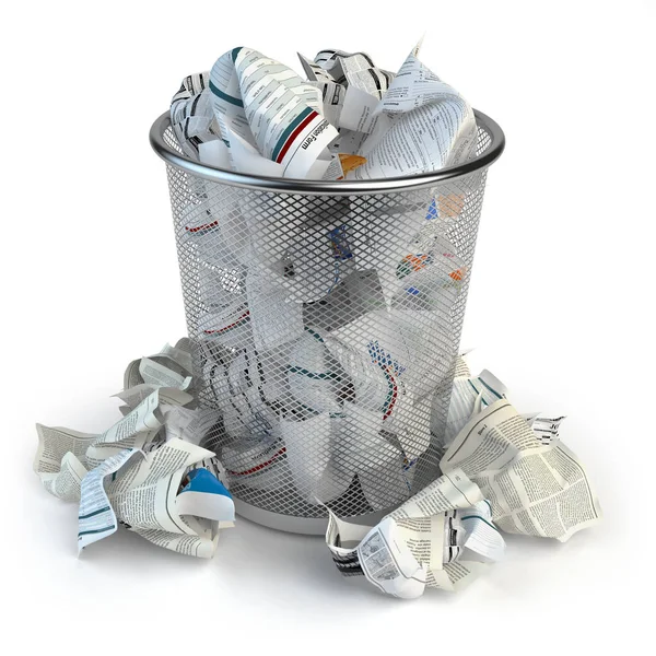 Trash bin full of waste paper. Wastepaper basket isolated on whi — Stock Photo, Image