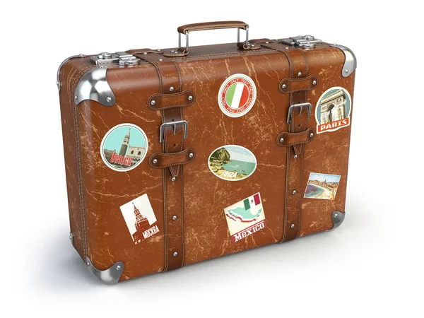 Retro suitcase baggage with travel stickers isolated on white ba — Stock Photo, Image