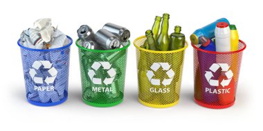 Renkli çöp kovaları geri dönüşüm için kağıt, plastik, cam ve metal ben
