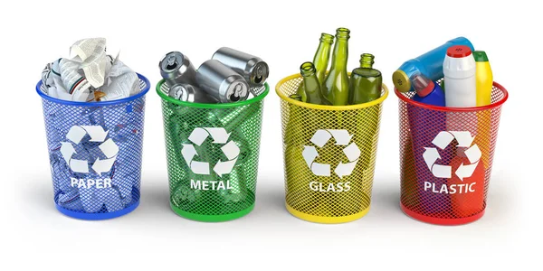 Farbige Mülltonnen für Recyclingpapier, Kunststoff, Glas und Metall — Stockfoto