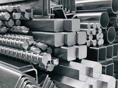 Metal profiller ve tüpler. Farklı paslanmaz çelik ürünler.