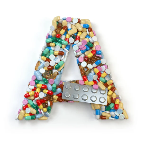 Літера А. Набір алфавітів ліків, таблеток, таблеток і таблеток — стокове фото