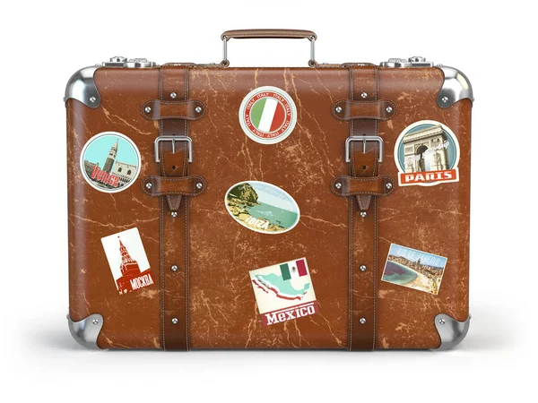 Old suitcase baggage with travel stickers isolated on white back — Stock Photo, Image