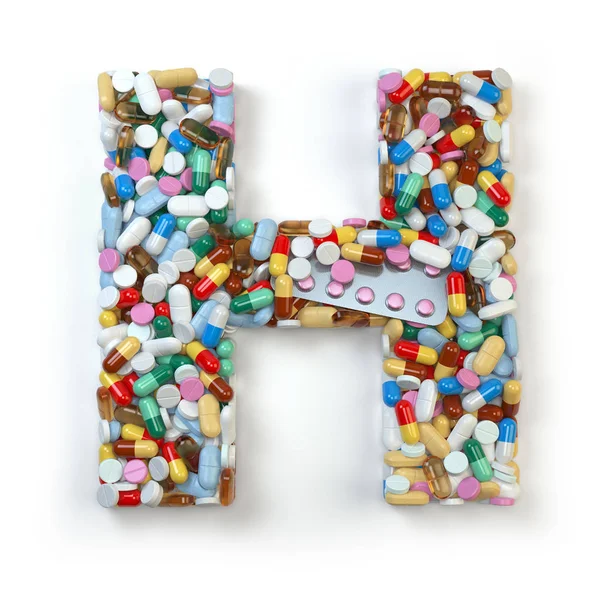 Carta H. Conjunto de alfabeto de comprimidos de medicina, cápsulas, comprimidos a — Fotografia de Stock