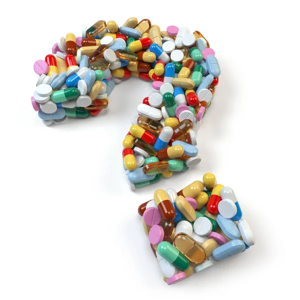 Vraagteken uit rode pillen en capsules op witte achtergrond. M — Stockfoto