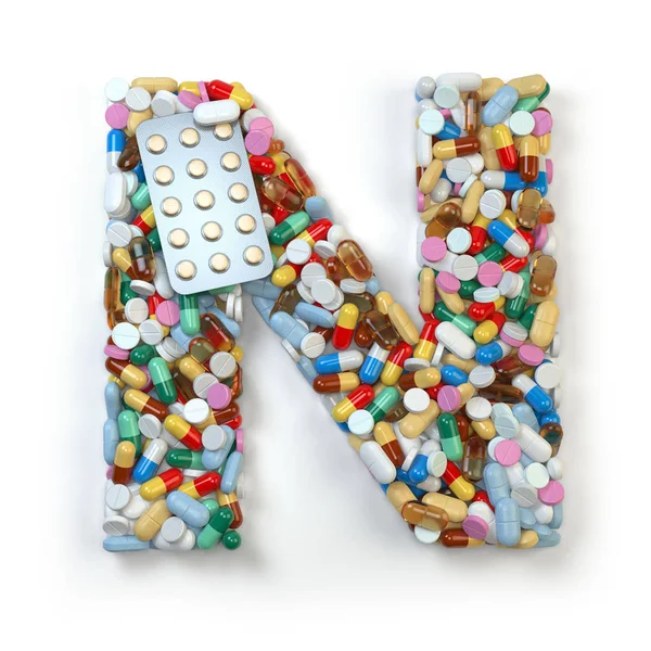 Lettera N. Set di alfabeto di pillole medicinali, capsule, compresse a — Foto Stock