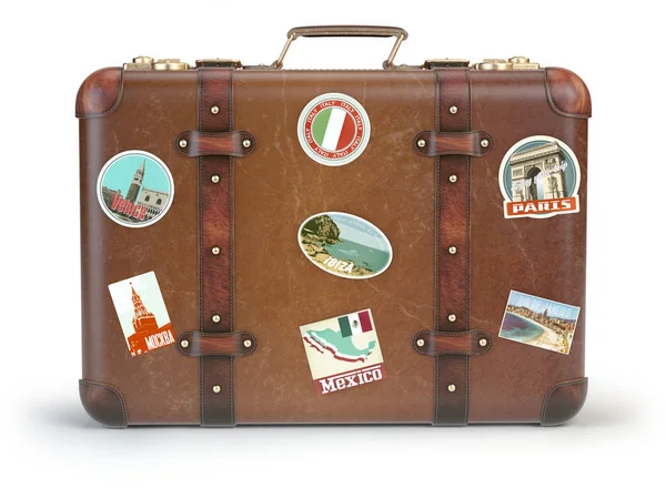 Vintage suitcase with travel stickers isolated on white backgrou — Stock Photo, Image