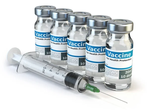 Εμβόλιο σε φιαλίδια και σύριγγα που απομονώνονται σε λευκό φόντο — Φωτογραφία Αρχείου
