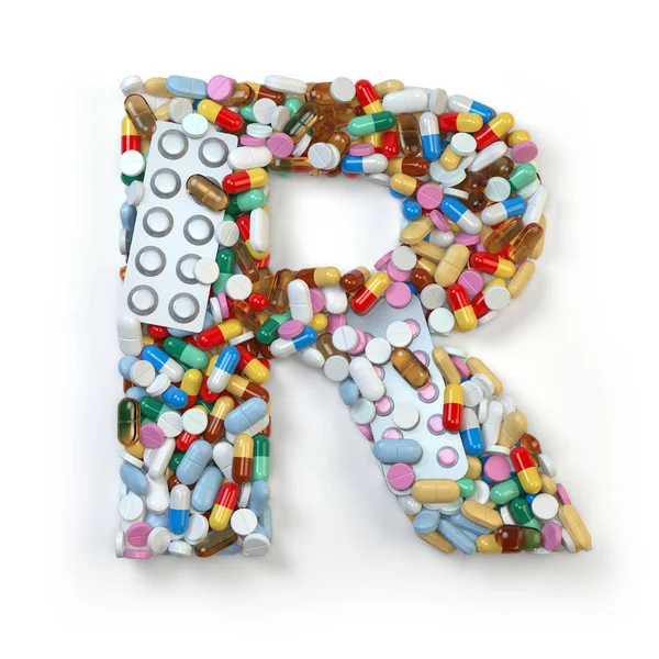R. 세트 의학 알 약, 캡슐, 정제의 알파벳의 편지는 — 스톡 사진