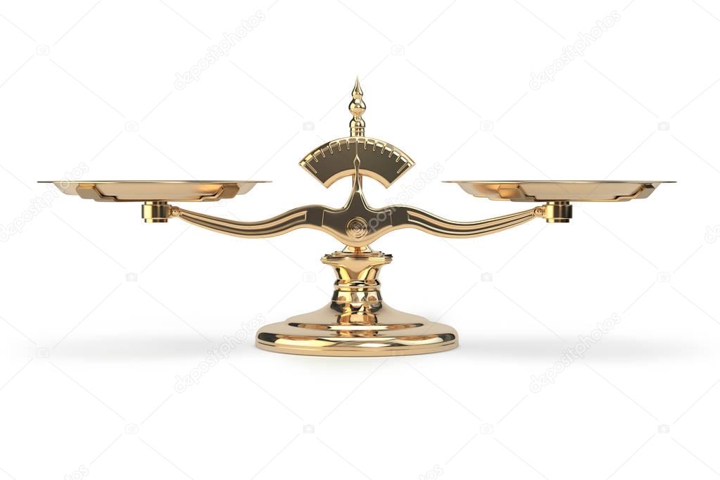 Golden balance scales isolated on white background
