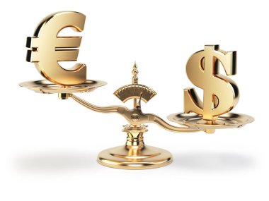 Beyaz arka plan üzerinde izole dolar euro ve bize para birimlerinin sembollerle ölçek