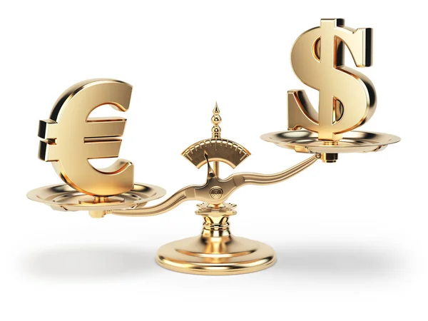 Escala con símbolos de monedas euro y dólar estadounidense aislados sobre fondo blanco — Foto de Stock