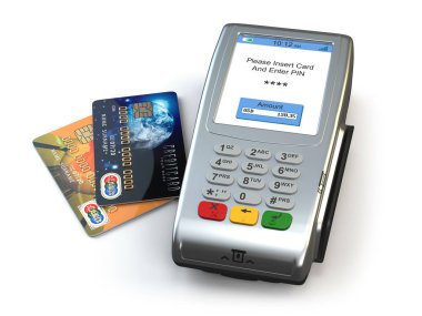 POS terminal kredi kartları beyaz arka plan üzerinde izole. 3D