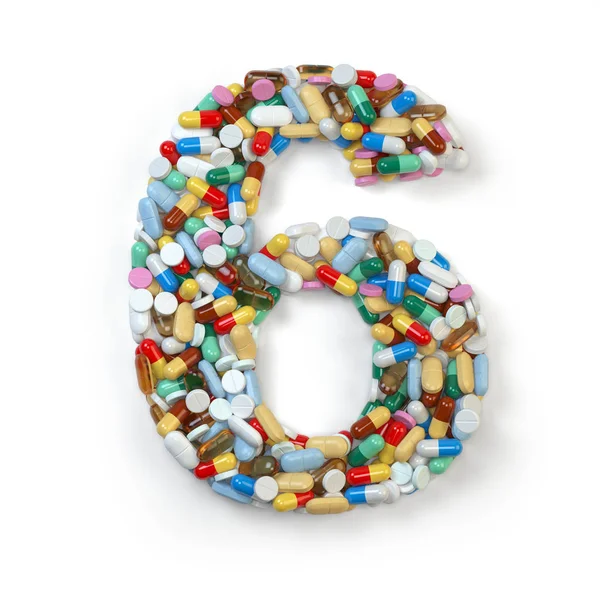 Numero 6 sei. Set di alfabeto di pillole medicinali, capsule, tabella — Foto Stock