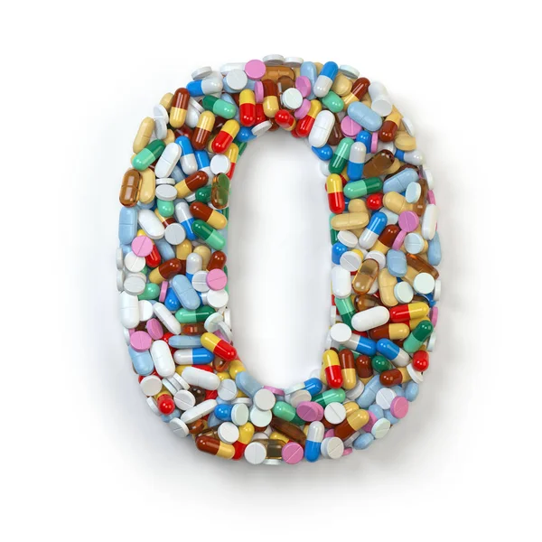 Zahl 0 Null. Set aus Medikamentenpillen, Kapseln, Tabletten — Stockfoto