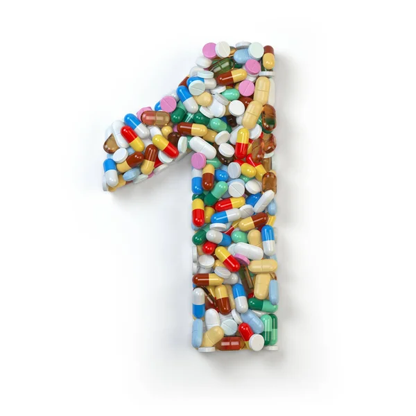 Nummer 1 een. Set alfabet van geneeskunde pillen, capsules, tabel — Stockfoto