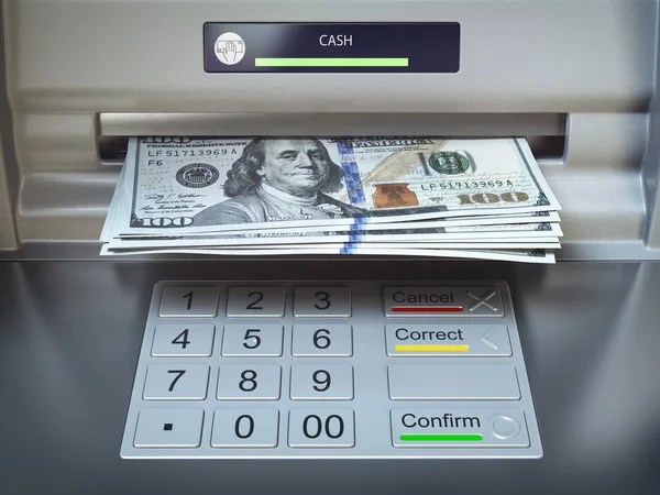 Банкомат и деньги. Вывод банкнот в долларах . — стоковое фото
