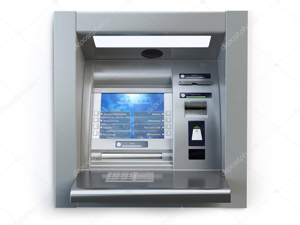 ATM machine isolated on white. Automated teller bank cash machin