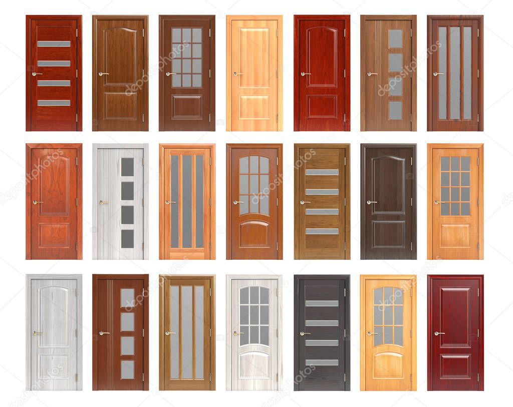 Set of wooden doors isolated on white background.