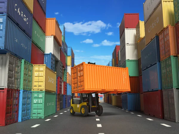 Forklift truck with cargo container in shipping yard with contai — Stock Photo, Image