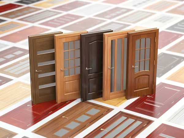 Different wooden doors on catalog with samples. Interior design — Stock Photo, Image