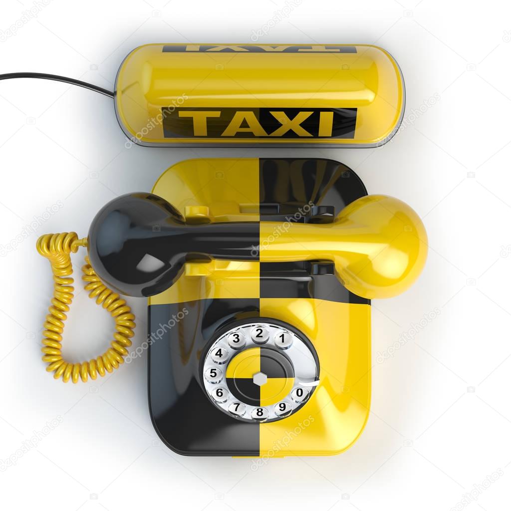 Taxi car sign and yellow telephone on white isolated background.