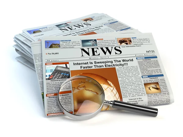 News concept. Newspapers and magnifying glass isolated on white. — Stock Photo, Image