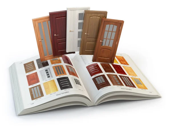 Selectie van houten deuren door catalogus met monsters. Interieur desi — Stockfoto