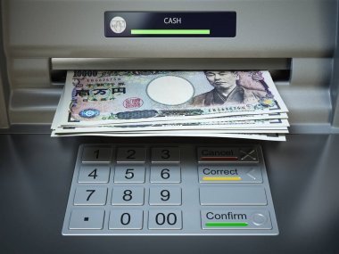 ATM makine ve para. Yen banknotlar çekilmesi.