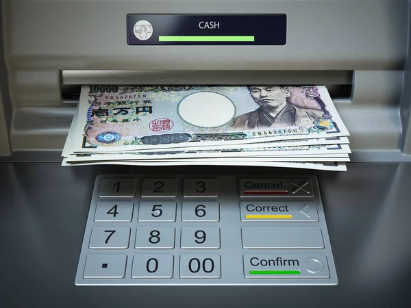 Банкомат и деньги. Снятие банкнот иены . — стоковое фото
