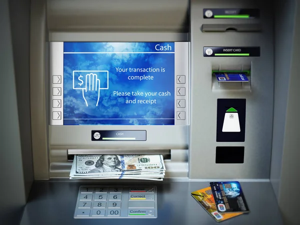 Cajero automático, dinero en efectivo y tarjetas de crédito. Retirada de la prohibición dólar —  Fotos de Stock