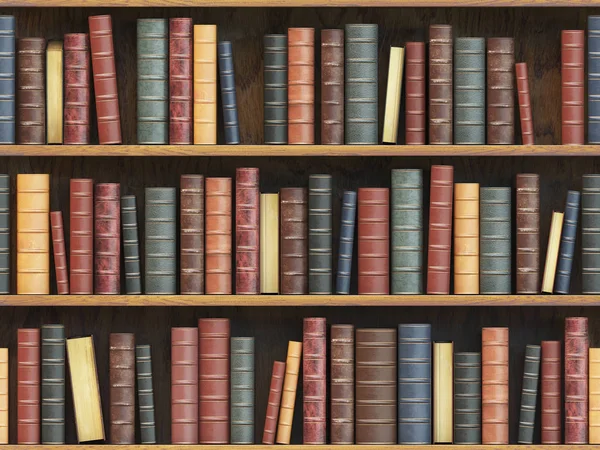 Libros antiguos en estantería. Libros antiguos azulejos sin costura textura bac —  Fotos de Stock