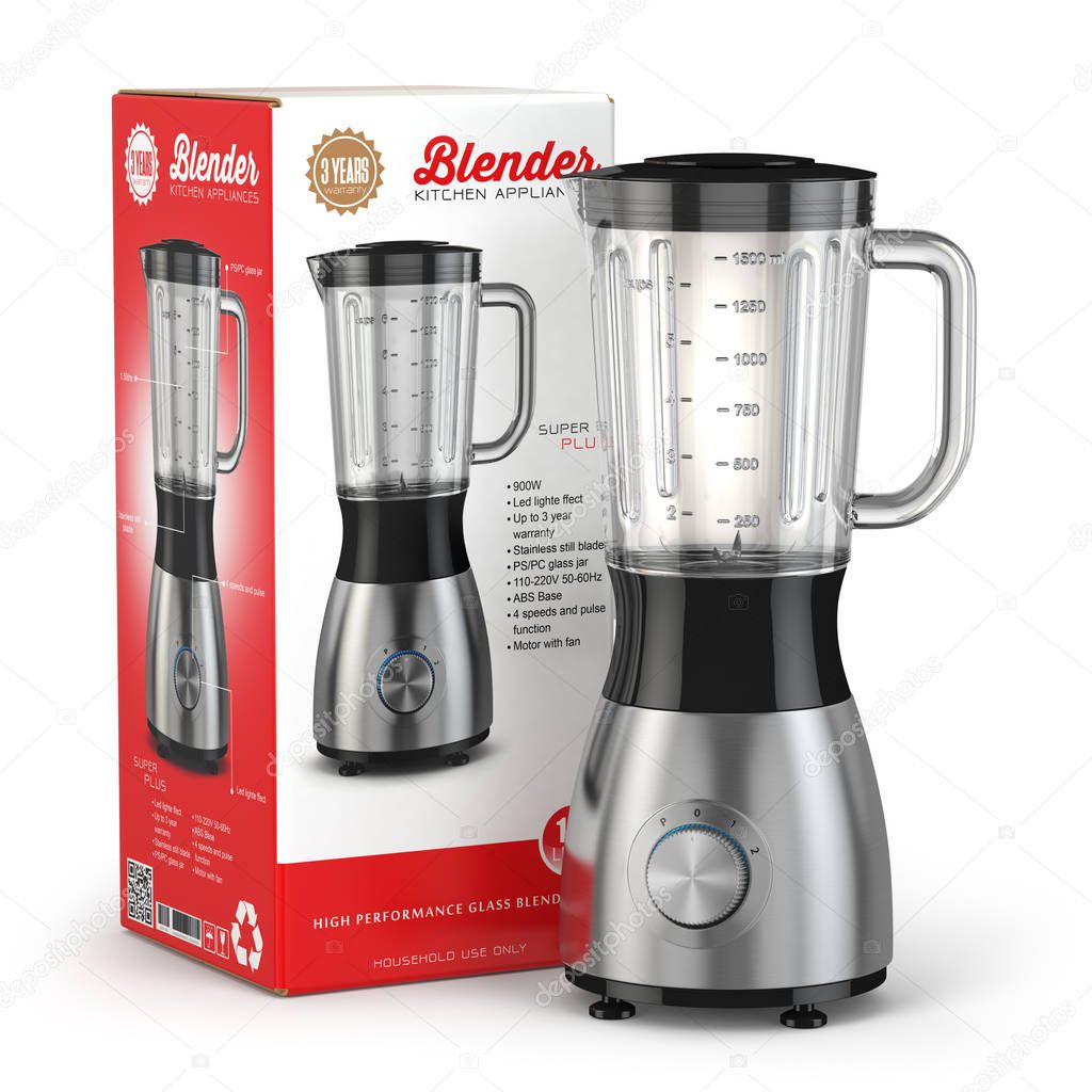 Electric blender with box. Kitchen appliance, equipment isolated